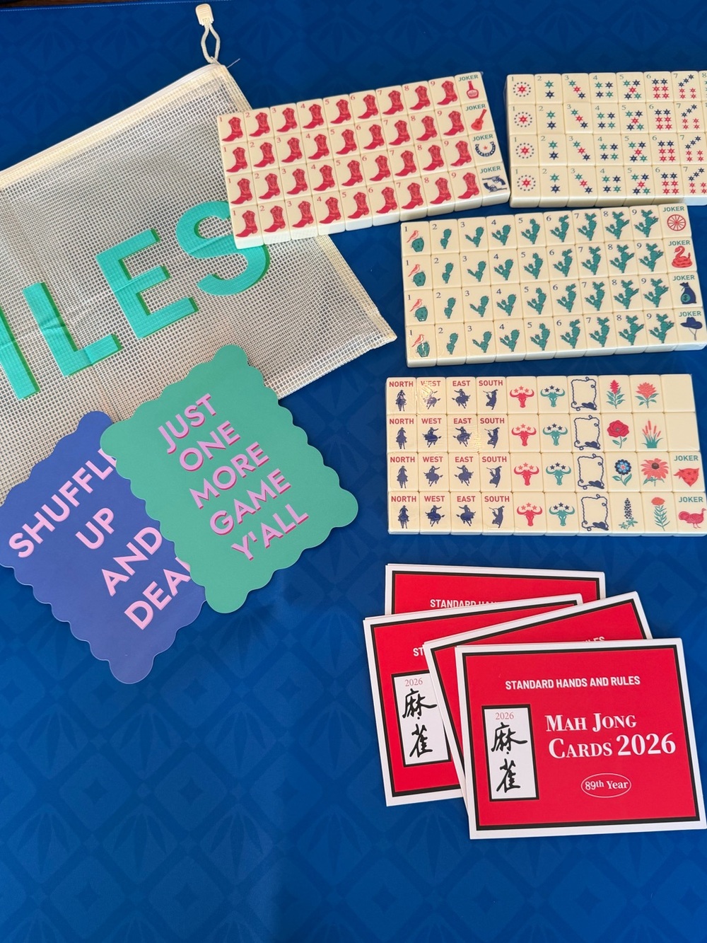 Mahjong Texas Cowboy themed set with tiles, mat and cards